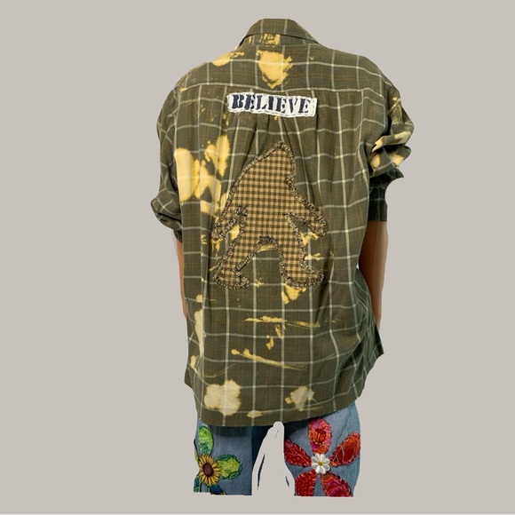 Upcycled Plaid Button-Up Shirt with Bleach Splatter with Bigfoot on the back. - Picture 7 of 14